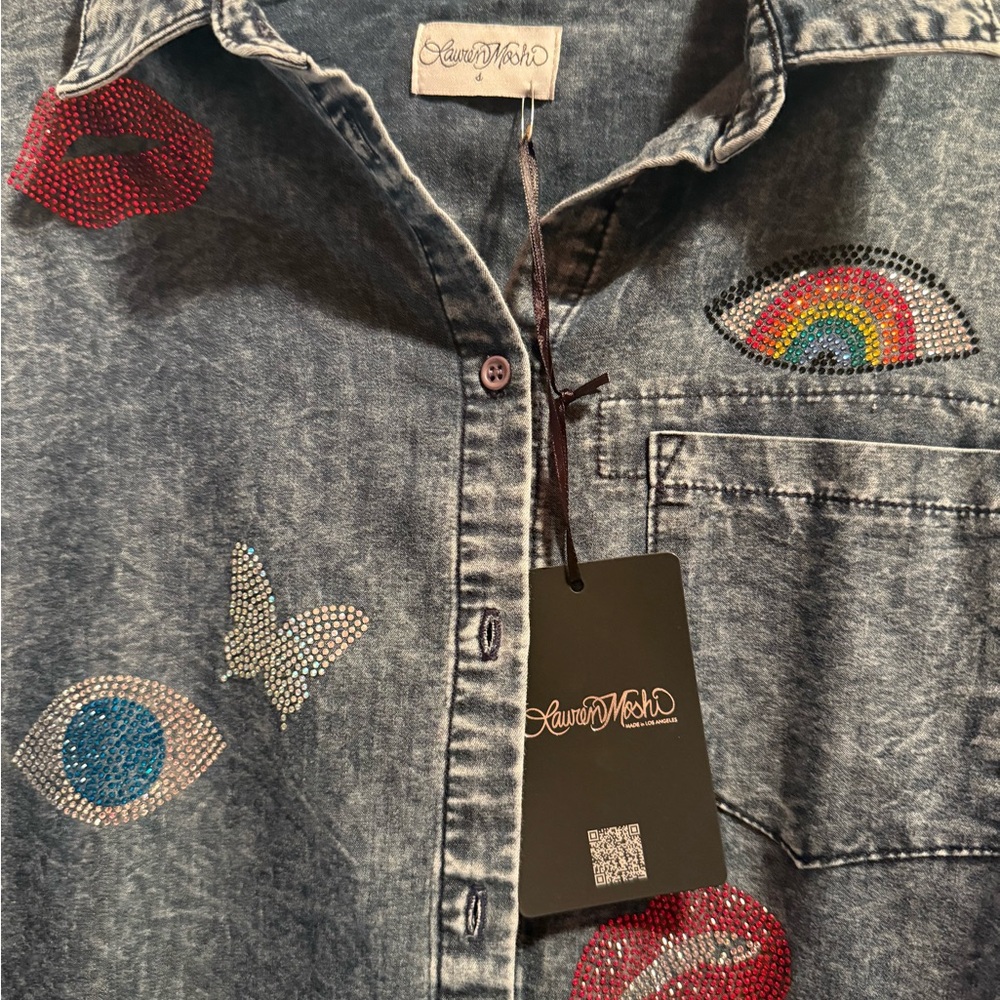 Lauren Moshi Denim Top with Colorful Embellishments
